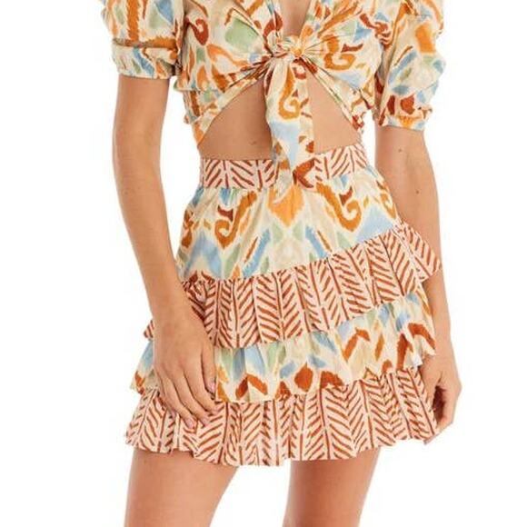 ALLISON Ariana Tiered Ruffle Mini Skirt Cream Ikat Mix Size 2 XS XSmall NEW - Picture 1 of 8
